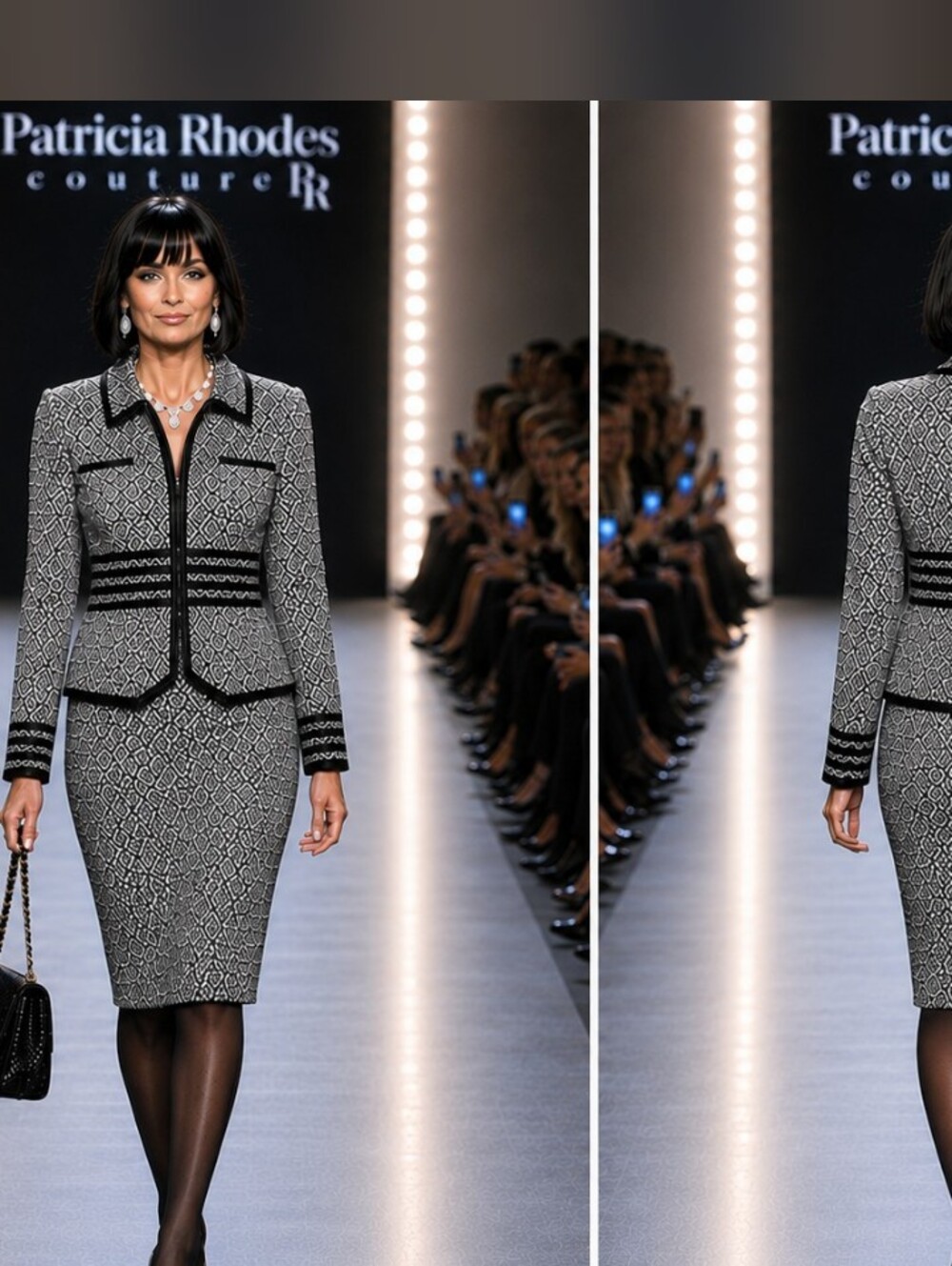 Patricia Rhodes Couture Black White Boucle Tweed Crystal Peplum skirt Suit 12 - Picture 11 of 16